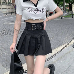 Hnewly Korean High Waist Pleated Skirts Women Summer Khaki Black With Belt A-Line Skirt Woman