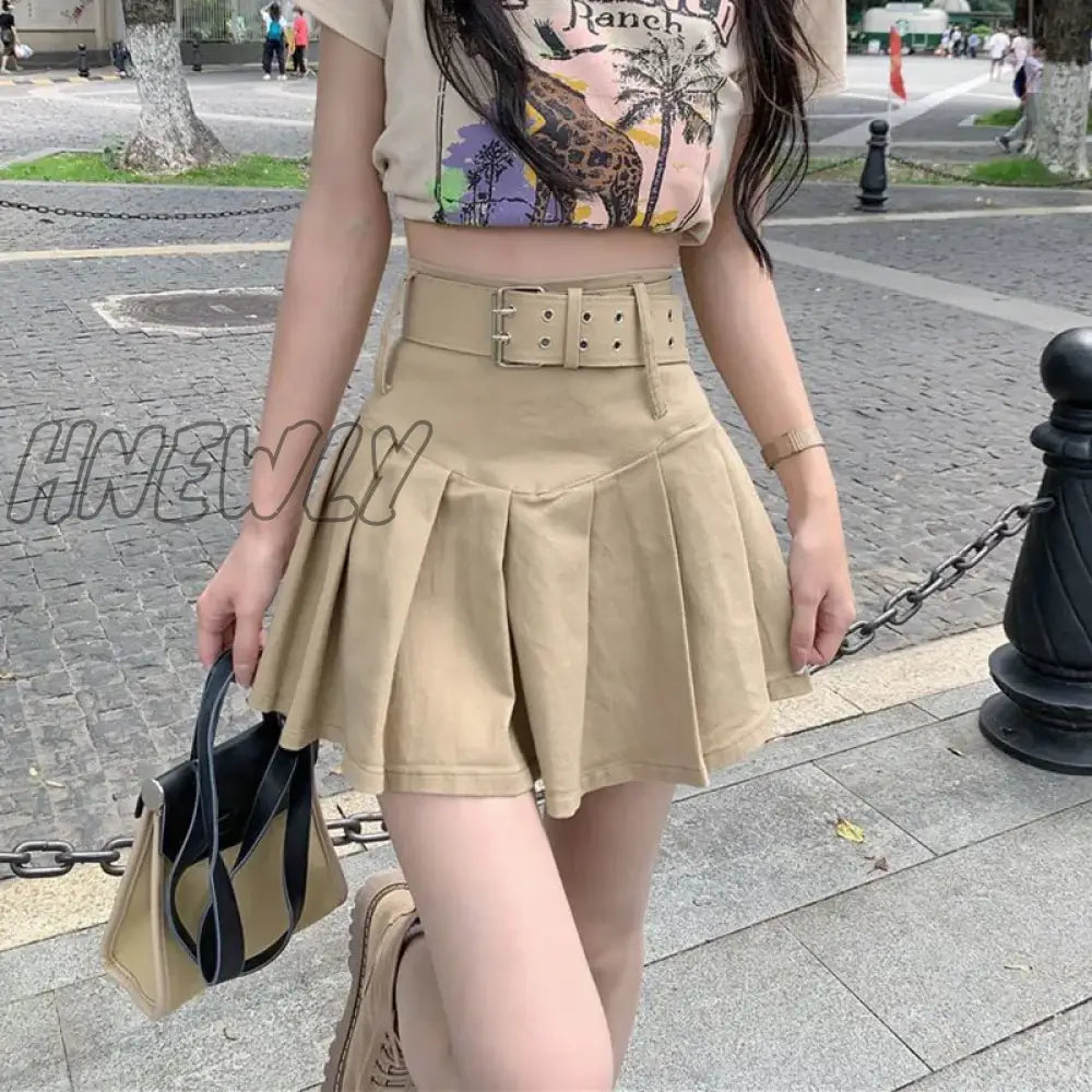 Hnewly Korean High Waist Pleated Skirts Women Summer Khaki Black With Belt A-Line Skirt Woman