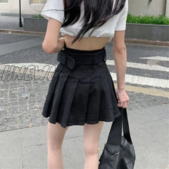 Hnewly Korean High Waist Pleated Skirts Women Summer Khaki Black With Belt A-Line Skirt Woman