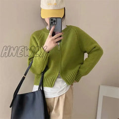 Hnewly Korean Knitted Cardigan Women Sweet Zipper Cropped Sweaters Autumn Vintage Knitwear Coat