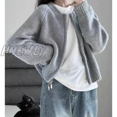 Hnewly Korean Knitted Cardigan Women Sweet Zipper Cropped Sweaters Autumn Vintage Knitwear Coat