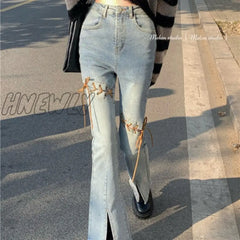 Hnewly Korean Retro Hollow Lace-Up Split Casual Jeans Women Autumn And Winter New Streetwear Sexy