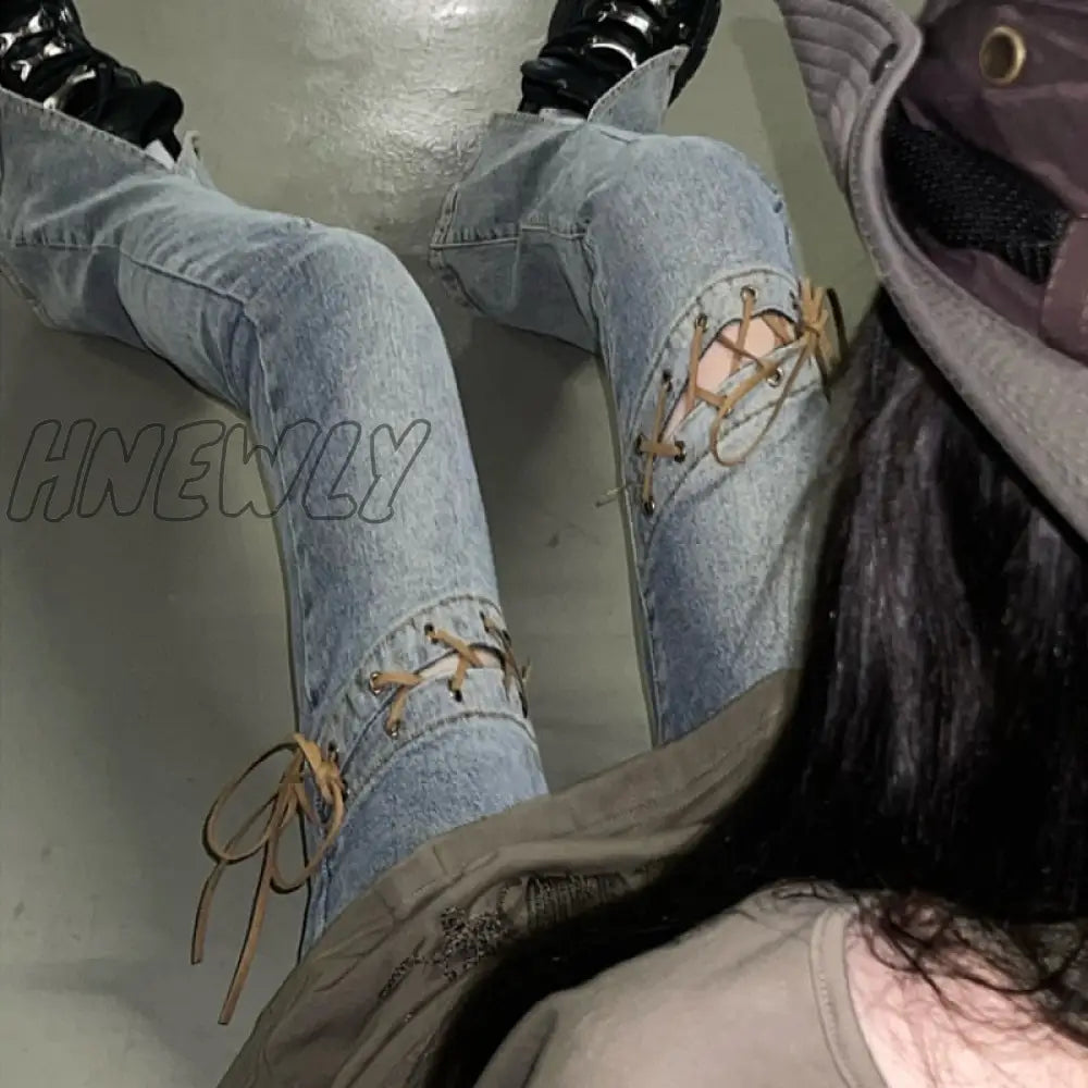 Hnewly Korean Retro Hollow Lace-Up Split Casual Jeans Women Autumn And Winter New Streetwear Sexy