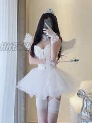 Hnewly Korean Sexy Fairy 2 Piece Set Women White V-Neck Camisole Crop Tops Mesh Tutu A-Skirt Suit