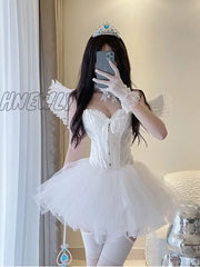 Hnewly Korean Sexy Fairy 2 Piece Set Women White V-Neck Camisole Crop Tops Mesh Tutu A-Skirt Suit