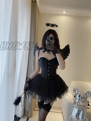 Hnewly Korean Sexy Fairy 2 Piece Set Women White V-Neck Camisole Crop Tops Mesh Tutu A-Skirt Suit