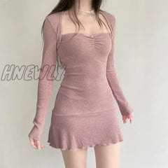 Hnewly Korean Square Neck Pink Autumn Dress Women Sweet Fold Coquette Clothes Slim Basic Knit Mini