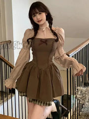 Hnewly Korean Style Kawaii Brown Mini Dress Women Fairycore Cute Vintage One Piece Long Sleeve
