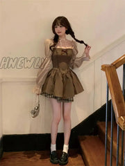 Hnewly Korean Style Kawaii Brown Mini Dress Women Fairycore Cute Vintage One Piece Long Sleeve