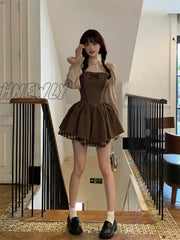 Hnewly Korean Style Kawaii Brown Mini Dress Women Fairycore Cute Vintage One Piece Long Sleeve