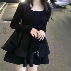 Hnewly Korean Style Long Sleeve Drees Women Autumn Patchwork Square Collar Black Puffy Dresses