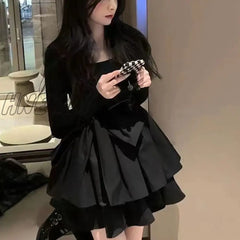 Hnewly Korean Style Long Sleeve Drees Women Autumn Patchwork Square Collar Black Puffy Dresses