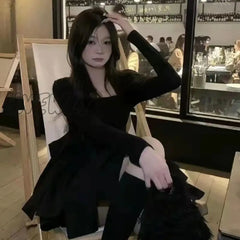 Hnewly Korean Style Long Sleeve Drees Women Autumn Patchwork Square Collar Black Puffy Dresses