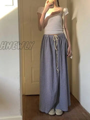Hnewly Korean Style Plaid Skirt Long Women Blue High Waist A-Line Folds Lace-Up Casual Fashion Maxi