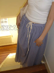 Hnewly Korean Style Plaid Skirt Long Women Blue High Waist A-Line Folds Lace-Up Casual Fashion Maxi