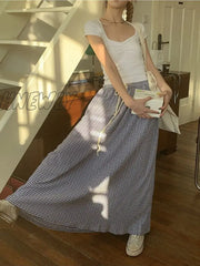 Hnewly Korean Style Plaid Skirt Long Women Blue High Waist A-Line Folds Lace-Up Casual Fashion Maxi