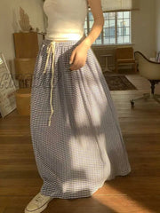 Hnewly Korean Style Plaid Skirt Long Women Blue High Waist A-Line Folds Lace-Up Casual Fashion Maxi