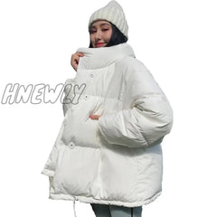 Hnewly Korean Style Winter Jacket Parkas Women Stand Collar Solid Black White Female Down Coat