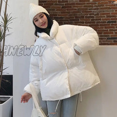 Hnewly Korean Style Winter Jacket Parkas Women Stand Collar Solid Black White Female Down Coat