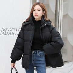 Hnewly Korean Style Winter Women Down Jacket Oversize Loose Hooded Female Puffer Jackets Short