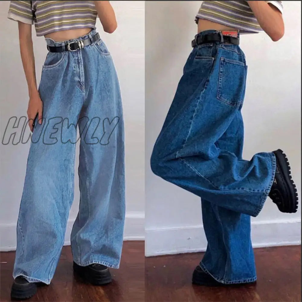 Hnewly Korean Style Women Jeans Denim Boot Cut Wide Leg Jean Boots Fashion Loose Long Length
