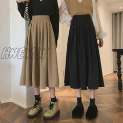 Hnewly Korean Style Women’s Midi Skirt Autumn High-Waisted Corduroy Long Women College Pleated