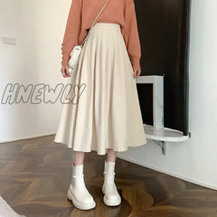 Hnewly Korean Style Women’s Midi Skirt Autumn High-Waisted Corduroy Long Women College Pleated