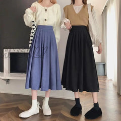 Hnewly Korean Style Women’s Midi Skirt Autumn High-Waisted Corduroy Long Women College Pleated