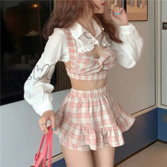 Hnewly Korean Summer Fashion Outfit Sexy Short Ruffles Shirt Plaid Bow Suspender Mini Elastic High