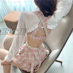 Hnewly Korean Summer Fashion Outfit Sexy Short Ruffles Shirt Plaid Bow Suspender Mini Elastic High