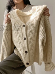 Hnewly Korean Thick Women Cardigan Knitted Sweater Autumn Winter Chic Loose Long Sleeve Tops Simple