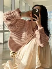 Hnewly Korean Thick Women Cardigan Knitted Sweater Autumn Winter Chic Loose Long Sleeve Tops Simple