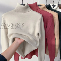 Hnewly Korean Turtleneck Slim Thicken Plus Velvet Sweater Woman Winter Knitted Pullovers Casual