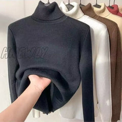 Hnewly Korean Turtleneck Slim Thicken Plus Velvet Sweater Woman Winter Knitted Pullovers Casual
