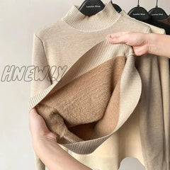Hnewly Korean Turtleneck Slim Thicken Plus Velvet Sweater Woman Winter Knitted Pullovers Casual