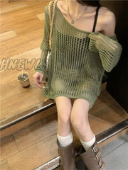 Hnewly Korean Version Thin Hollow Long Sleeve Knitted Cardigan Women Spring Summer Design Niche