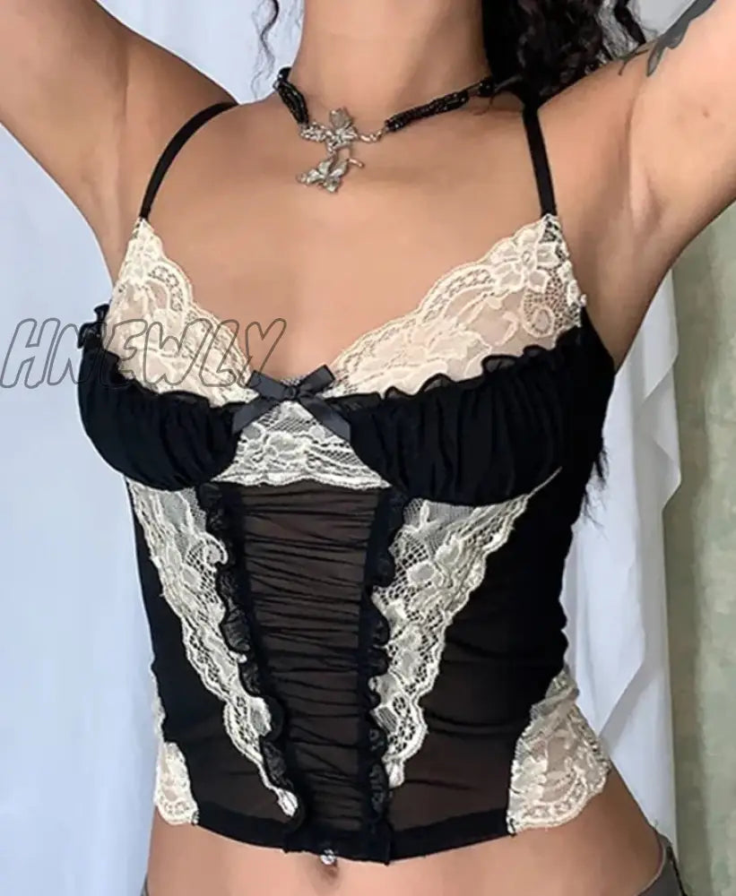 Hnewly Lace Stitching Camis Y2K Aesthetic Goth Black Corset Crop Top Clubwear Mesh Transparent Sexy