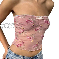Hnewly Lace Trim Tube Top Y2K 2000S Aesthetic Women Flower Embroidery Strapless Sleeveless Backless