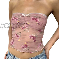 Hnewly Lace Trim Tube Top Y2K 2000S Aesthetic Women Flower Embroidery Strapless Sleeveless Backless