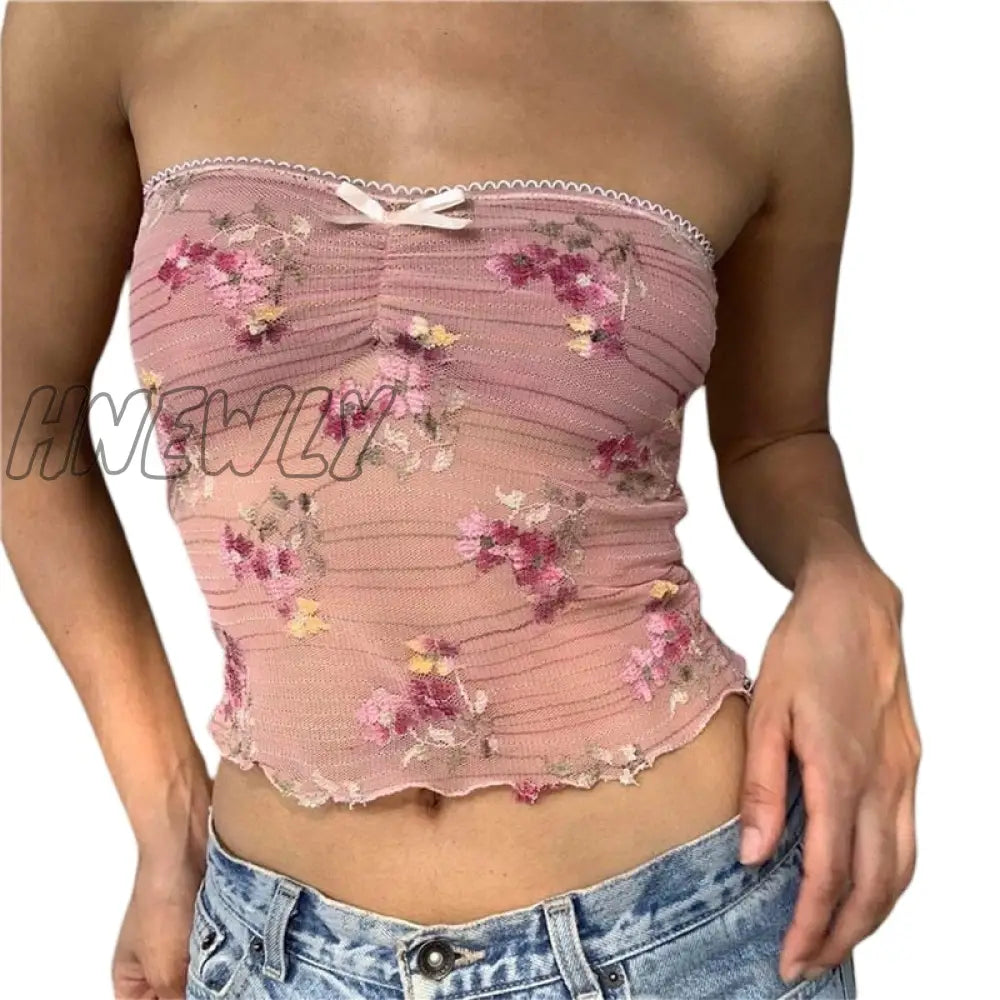 Hnewly Lace Trim Tube Top Y2K 2000S Aesthetic Women Flower Embroidery Strapless Sleeveless Backless