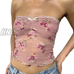 Hnewly Lace Trim Tube Top Y2K 2000S Aesthetic Women Flower Embroidery Strapless Sleeveless Backless