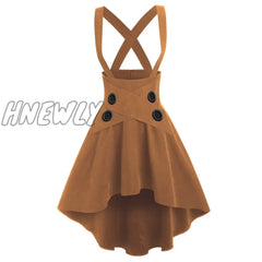 Hnewly Lace Up Layered High Low Suspender Skirt Casual Streetwear Women Mid-Calf Skirts Mock Button