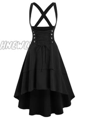 Hnewly Lace Up Layered High Low Suspender Skirt Casual Streetwear Women Mid-Calf Skirts Mock Button