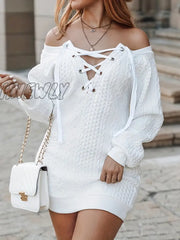 Hnewly Lace Up Off Shoulder Dress Casual Textured Long Sleeve Solid Women’s Clothing