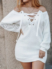 Hnewly Lace Up Off Shoulder Dress Casual Textured Long Sleeve Solid Women’s Clothing