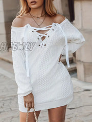Hnewly Lace Up Off Shoulder Dress Casual Textured Long Sleeve Solid Women’s Clothing