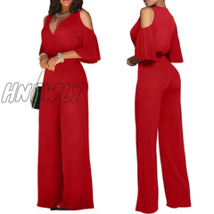 Hnewly Ladies Three Quarter Sleeve Cutout Shoulder Wide Leg Jumpsuit Women Casual Short Solid Sexy