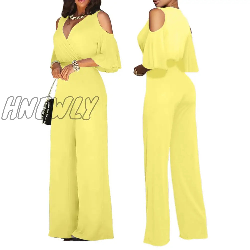 Hnewly Ladies Three Quarter Sleeve Cutout Shoulder Wide Leg Jumpsuit Women Casual Short Solid Sexy