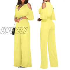 Hnewly Ladies Three Quarter Sleeve Cutout Shoulder Wide Leg Jumpsuit Women Casual Short Solid Sexy