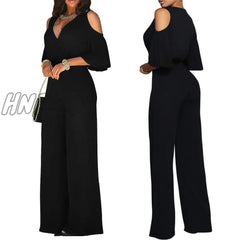Hnewly Ladies Three Quarter Sleeve Cutout Shoulder Wide Leg Jumpsuit Women Casual Short Solid Sexy